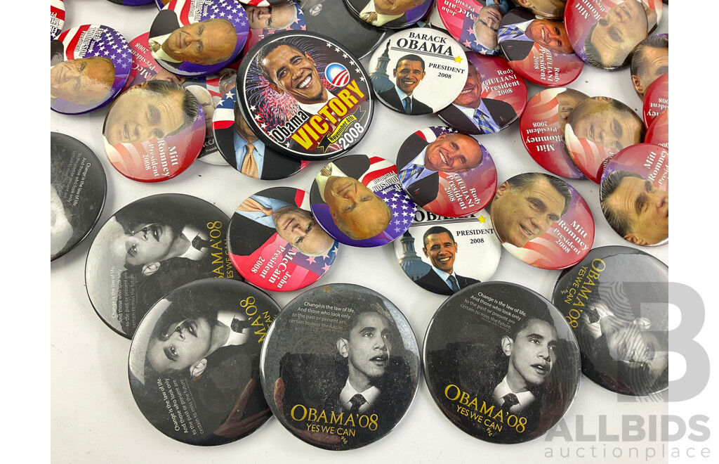 Collection of 2008 Campaign Badges and Fridge Magnets Including Barack Obama, Mitt Romney, John McCain, Rudy Giuliani, Sarah Palin, Fred Thompson