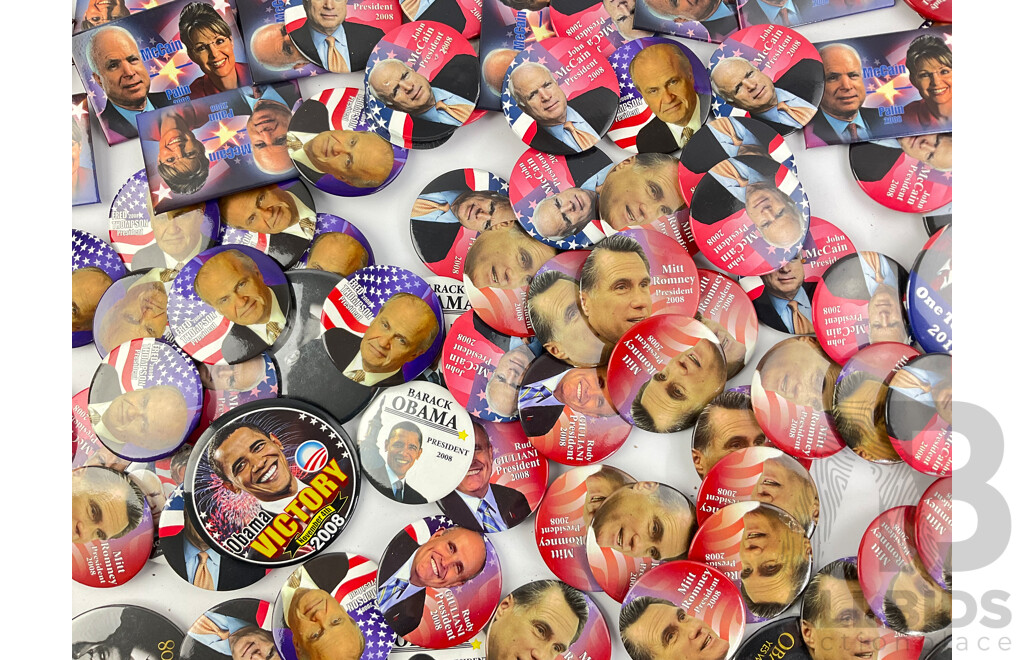 Collection of 2008 Campaign Badges and Fridge Magnets Including Barack Obama, Mitt Romney, John McCain, Rudy Giuliani, Sarah Palin, Fred Thompson