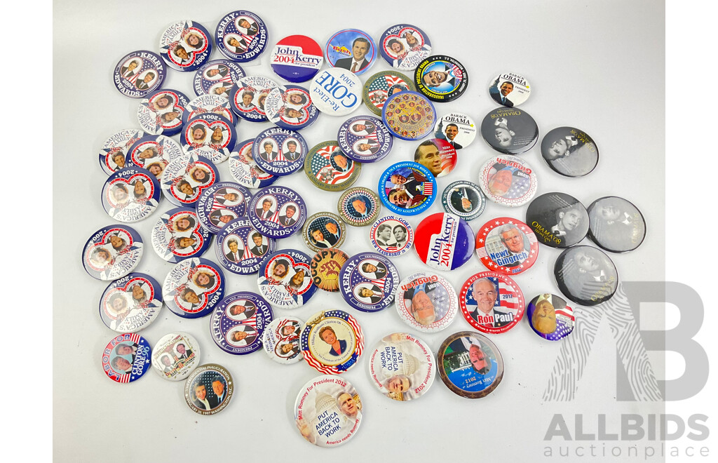 Collection of Campaign Badges Including 1992 Bill Clinton/Al Gore, 2000 George Bush, 2004 John Kerry, 2008 Barack Obama, Mitt Romney and More