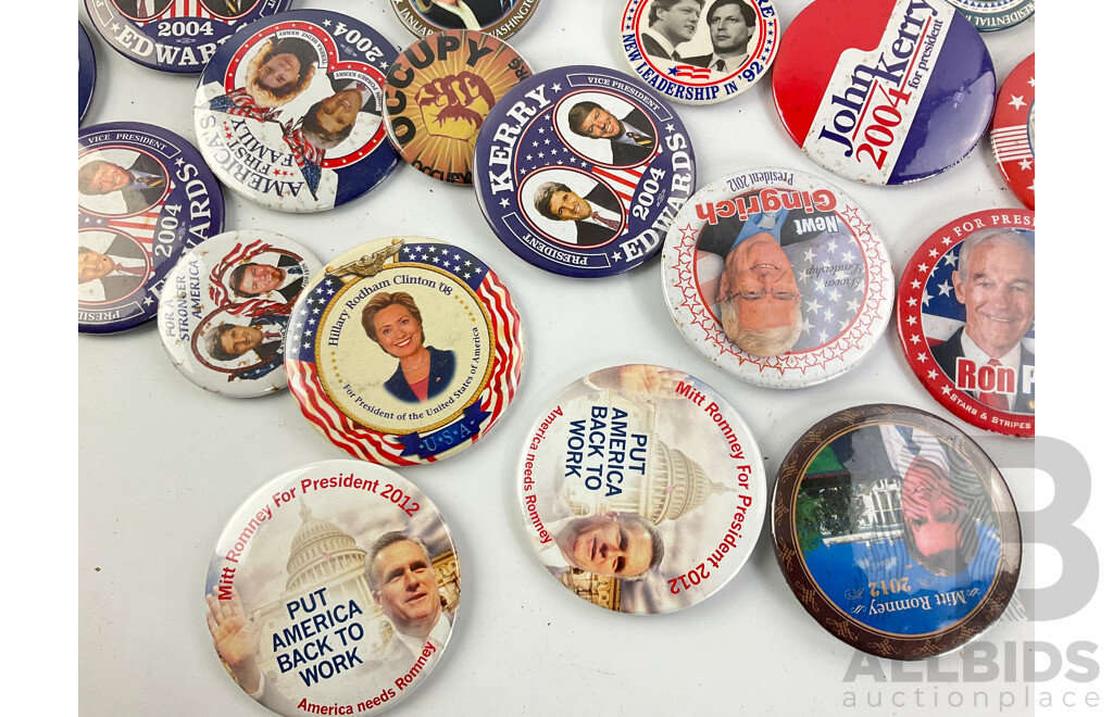 Collection of Campaign Badges Including 1992 Bill Clinton/Al Gore, 2000 George Bush, 2004 John Kerry, 2008 Barack Obama, Mitt Romney and More