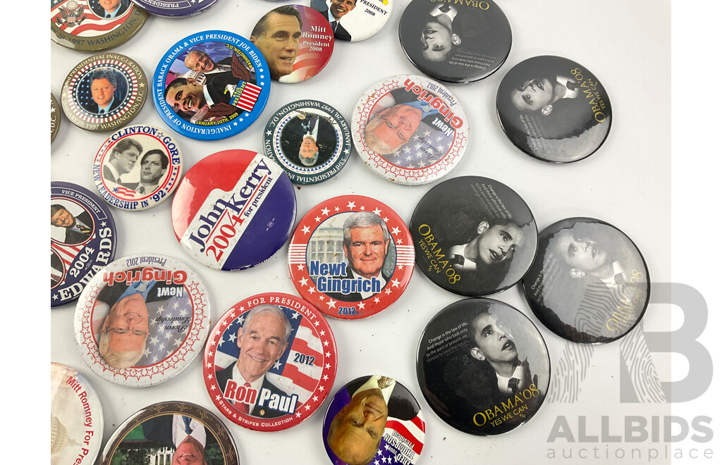 Collection of Campaign Badges Including 1992 Bill Clinton/Al Gore, 2000 George Bush, 2004 John Kerry, 2008 Barack Obama, Mitt Romney and More