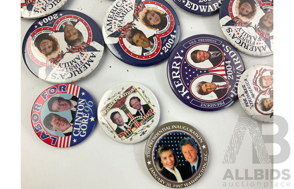 Collection of Campaign Badges Including 1992 Bill Clinton/Al Gore, 2000 George Bush, 2004 John Kerry, 2008 Barack Obama, Mitt Romney and More