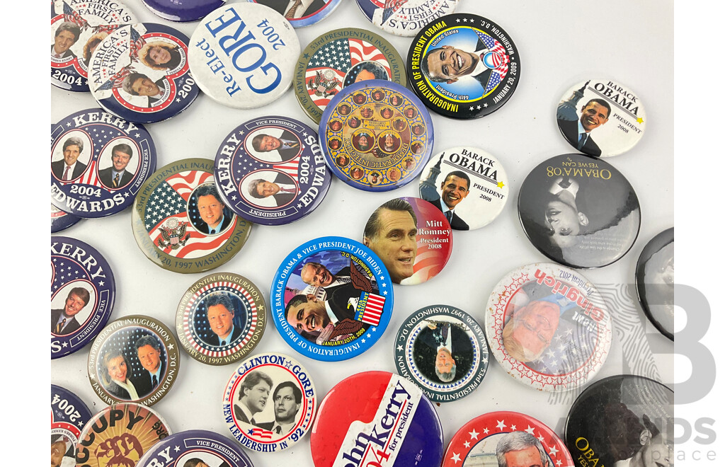 Collection of Campaign Badges Including 1992 Bill Clinton/Al Gore, 2000 George Bush, 2004 John Kerry, 2008 Barack Obama, Mitt Romney and More