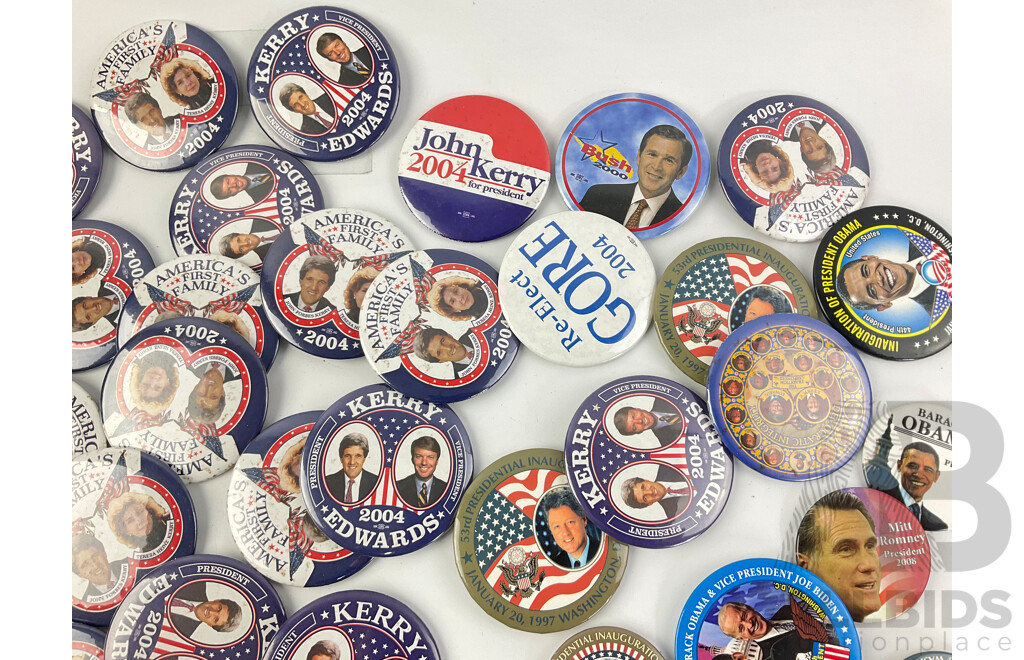 Collection of Campaign Badges Including 1992 Bill Clinton/Al Gore, 2000 George Bush, 2004 John Kerry, 2008 Barack Obama, Mitt Romney and More