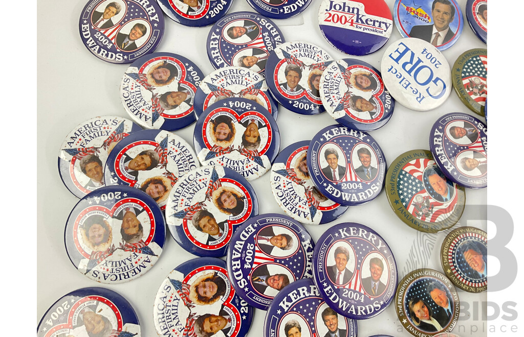 Collection of Campaign Badges Including 1992 Bill Clinton/Al Gore, 2000 George Bush, 2004 John Kerry, 2008 Barack Obama, Mitt Romney and More