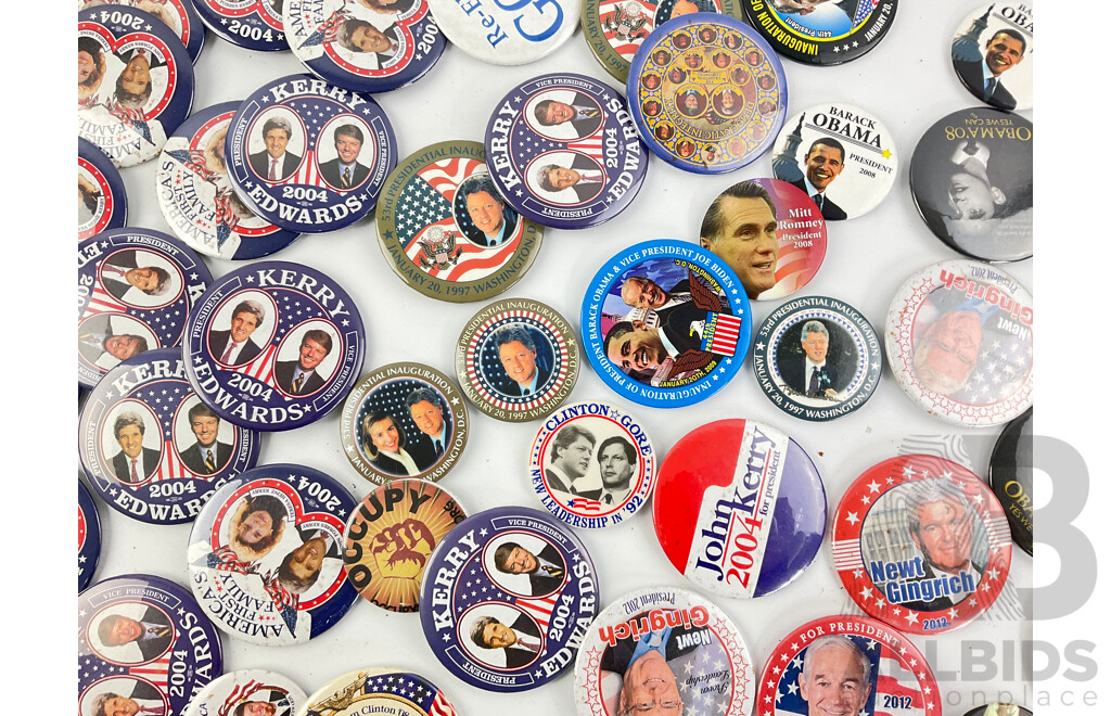 Collection of Campaign Badges Including 1992 Bill Clinton/Al Gore, 2000 George Bush, 2004 John Kerry, 2008 Barack Obama, Mitt Romney and More