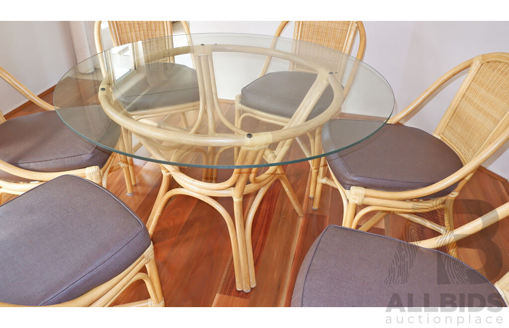 Cane and Glass Top Dining Table and 6 Chairs