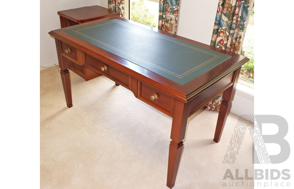 Mahogany Stained Solid Ash Desk with Gilt Tooled Green Leather Inlay
