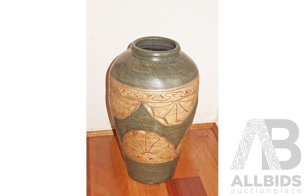 Large Glazed Terracotta Floor Vase with Incised Decoration