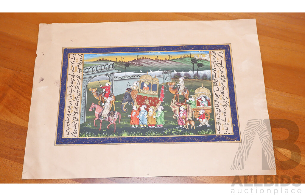 Indian Mughal Style Miniature Painting of a Procession,  Gouche and Ink on Paper