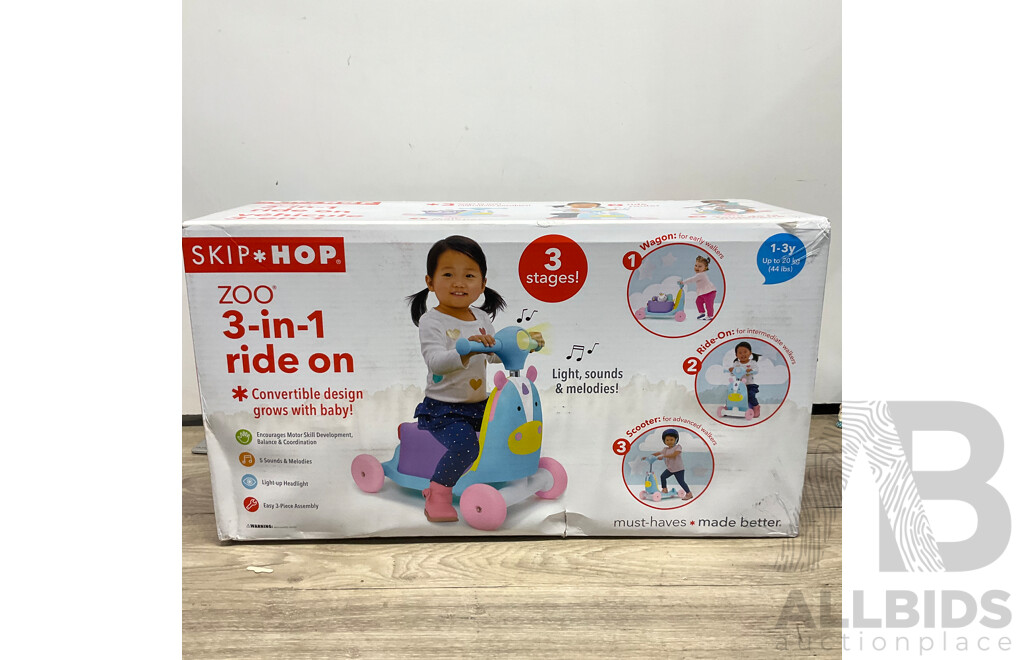 SKIP HOP Unicorn Zoo 3 in 1 Ride on Scooter & Light Up Diaper Caddy - Lot of 2