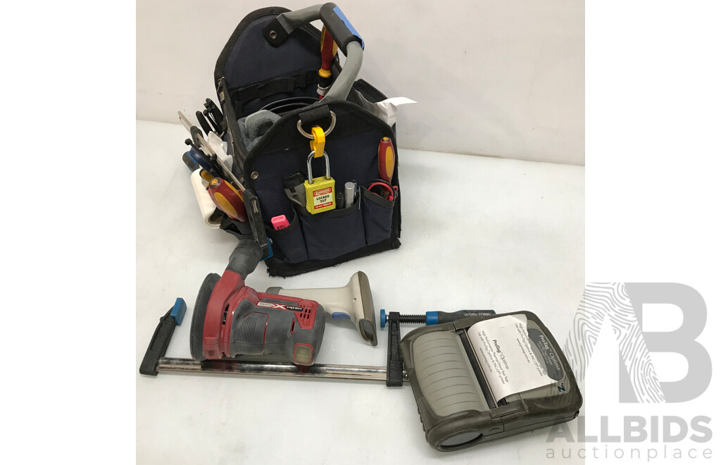 Irwin Tool Tote Bag with Various Tools and Thermal Tag Printer