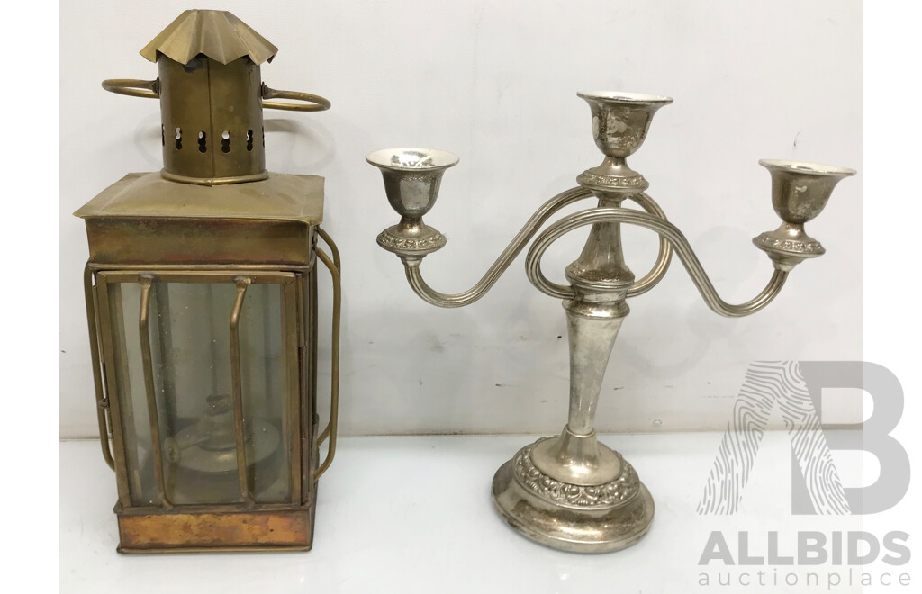 Anitque Oil Lantern Lamp and Silver Plated Triple Candelabra - Lot of 2
