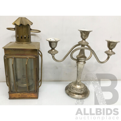 Anitque Oil Lantern Lamp and Silver Plated Triple Candelabra - Lot of 2