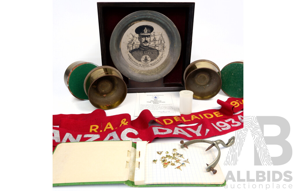Collection Australian Military Items Including Set Six Trench Art Brass Shell Case Dishes, Rare Brass Beret Insignia, Major General Bridges Pewter Commemorative Plate in Presentation Frame, Two Anzac Day Ribbons & More