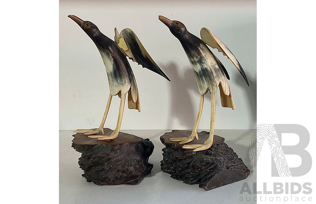 Pair Retro Hand Made Asian Horn Bird Figures on Burl Wood Bases
