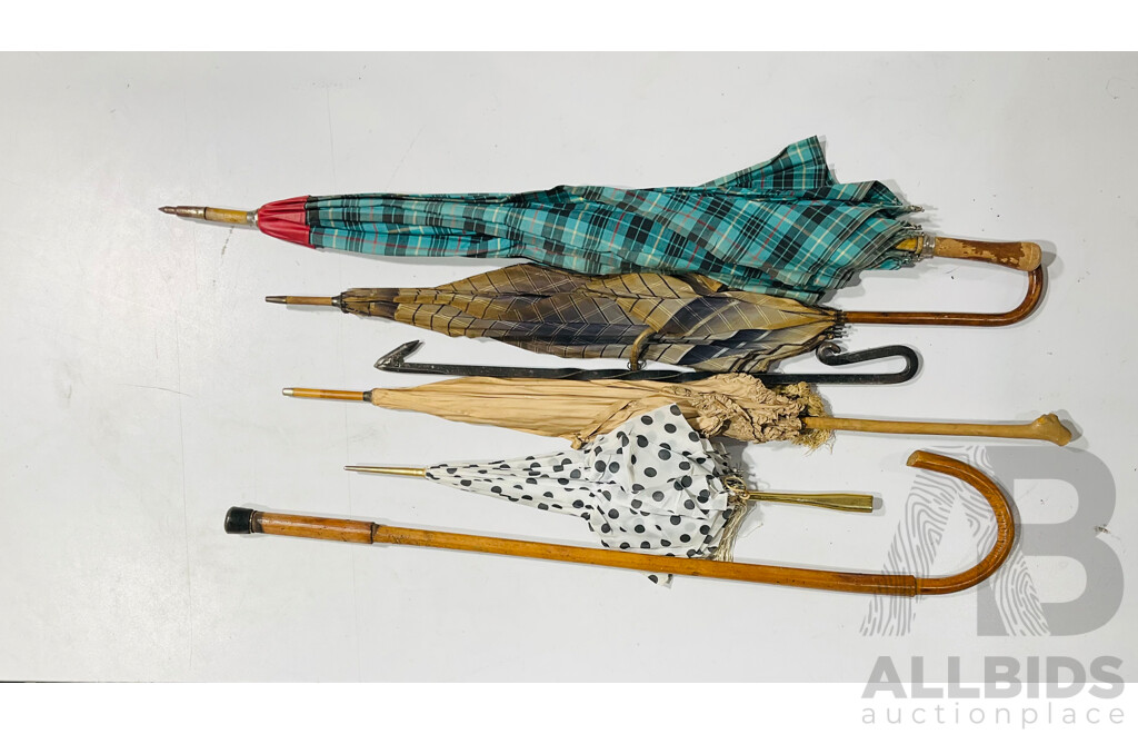 Collection of Vintage Items Including Several Parasols, an Umbrella and Walking Stick