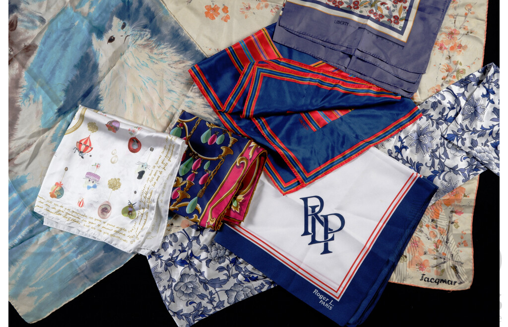 Collection Silk and Silk Blend Scarves Including Jacqmar, Le Siecle De Mary Brussels, Liberty, Oroton, Roger L,  and  More