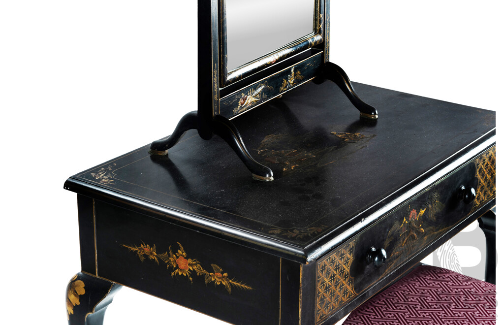 Chinese Chinoiserie Three Piece Dressing Set Including Dresser, Mirror and Stool with Japanned Finish