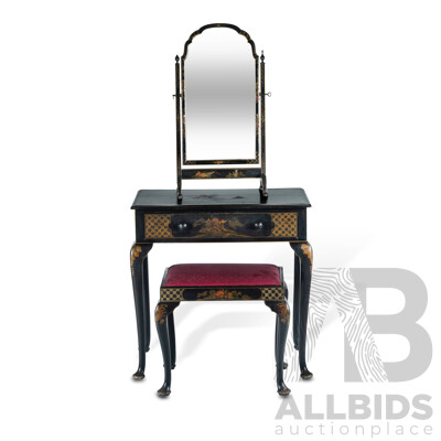 Chinese Chinoiserie Three Piece Dressing Set Including Dresser, Mirror and Stool with Japanned Finish