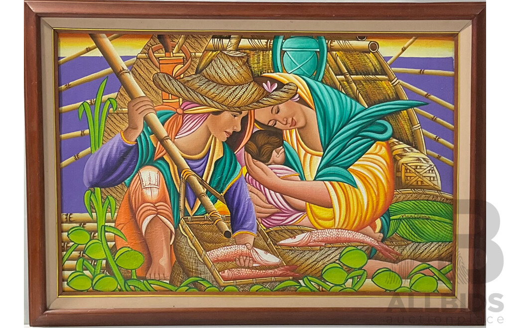 Filipino Folk Art, Family and Fish, Acrylic on Board