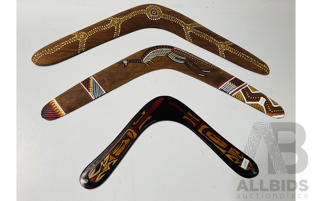 Three Hand-Painted and Decorated Australian Boomerangs (3)