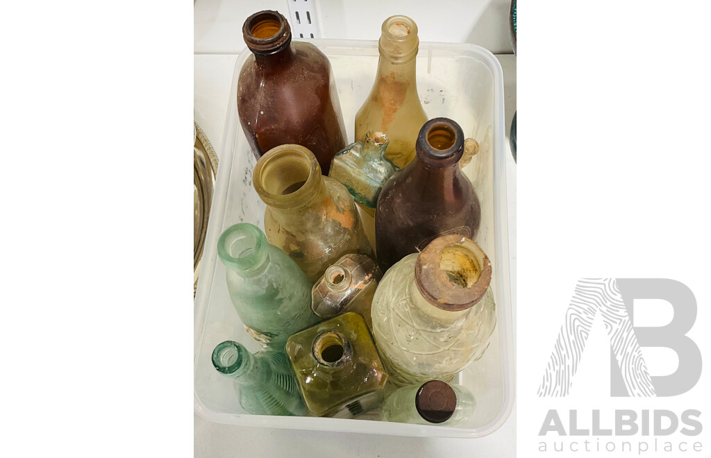 Collection of Fourteen Vintage Glass Bottles of Various Sizes and Colours