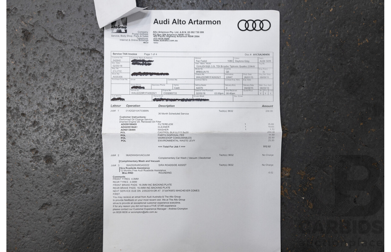 04/2015 Audi SQ5 3.0 TDI Quattro (AWD) 8R MY15 5D Wagon Metallic Grey Turbo Diesel V6 3.0L