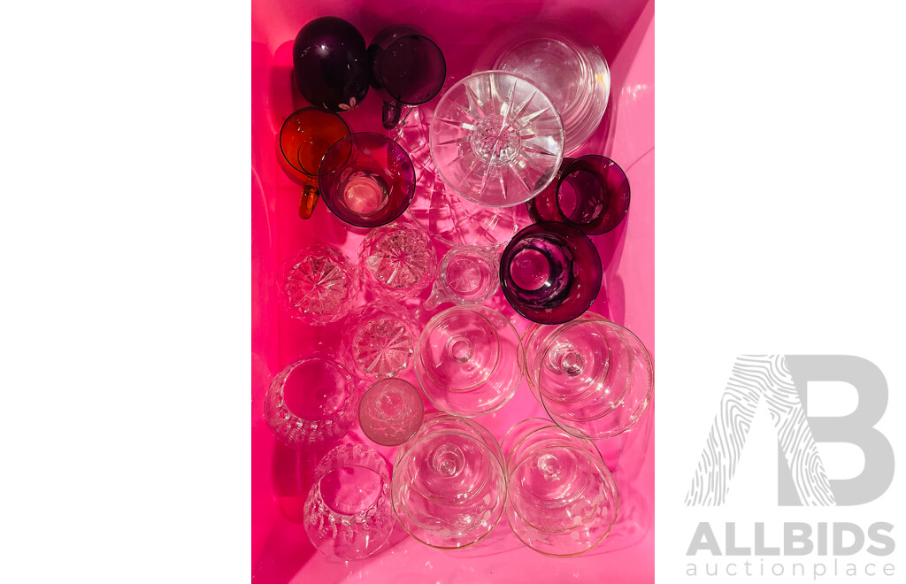 COllection Vintage Crystal and Glass Including Cake Stand, Red Tinted Glass Examples with Etched Detail and More