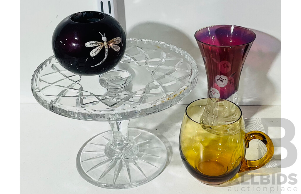 COllection Vintage Crystal and Glass Including Cake Stand, Red Tinted Glass Examples with Etched Detail and More