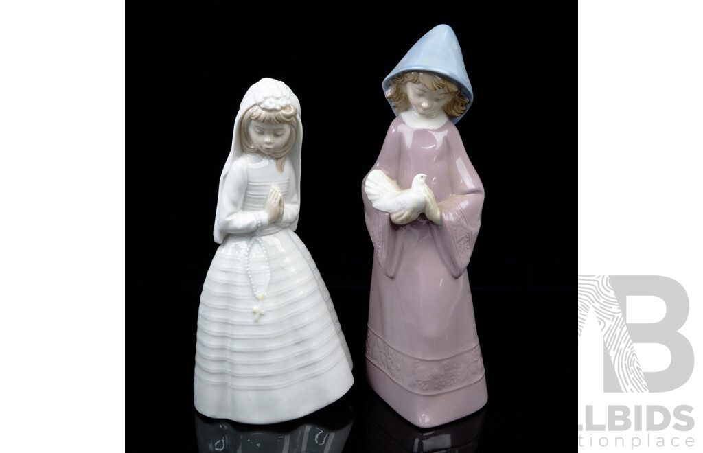 Spanish Nao Porcelain Childs Conformation Figure Along with Nao Porcelain Youth with Dove Figure