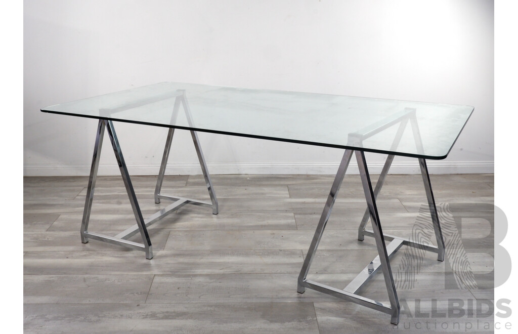 Modern Glass Top Desk with Chrome Tressel Legs