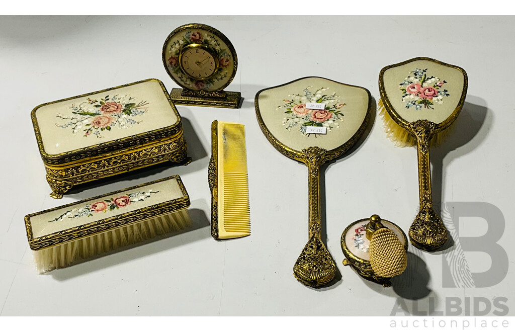 Vintage Embroidered Toiletry Set - Includes Hand Mirror, Brush, Comb, Clothes Brush, Clock, Trinket Box and Perfume Atomiser