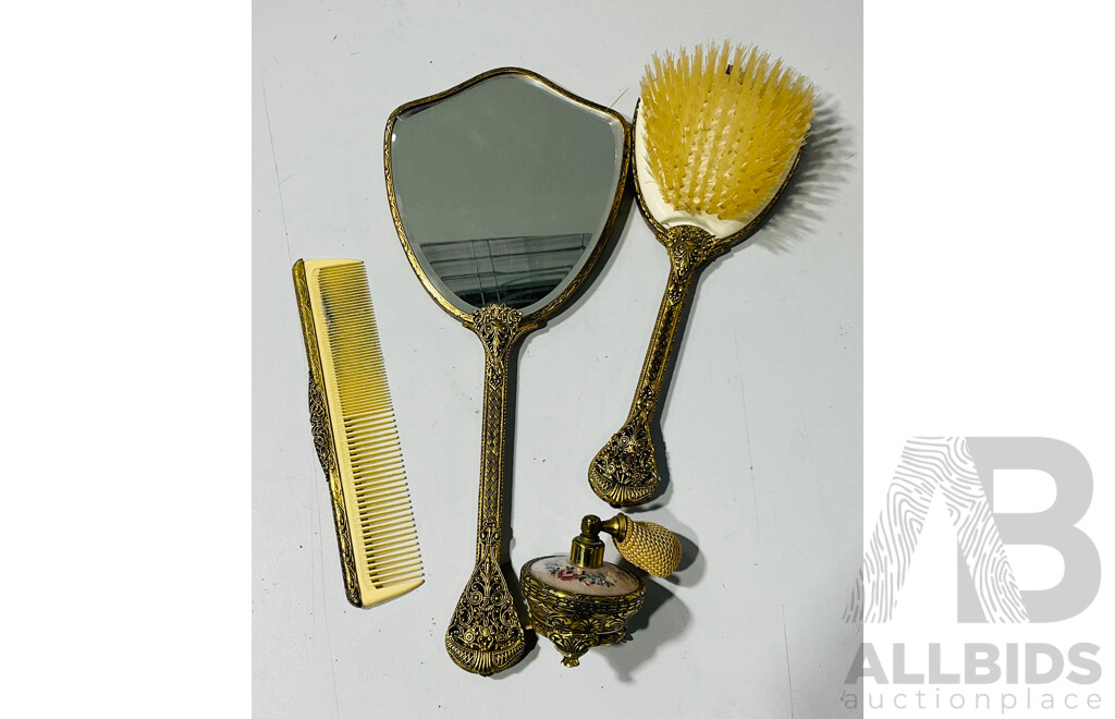 Vintage Embroidered Toiletry Set - Includes Hand Mirror, Brush, Comb, Clothes Brush, Clock, Trinket Box and Perfume Atomiser