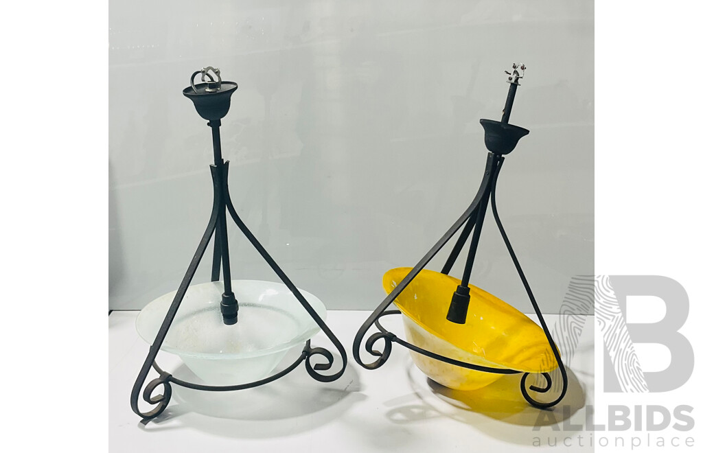 Pair of Wrought Iron and Glass Drop Light Ceiling Fixtures