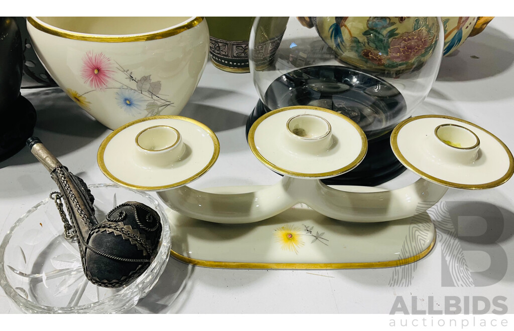 Collection of Asian and Other Decorative Homewares Includiing Bavarian Porcelain Candelabra and Bowl, and More