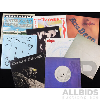Collection Vinyl 7 Inch Single Records with Picture Sleeves of Post Punk New Wave Genres Including the Cure, the Stranglers Joy Division and More