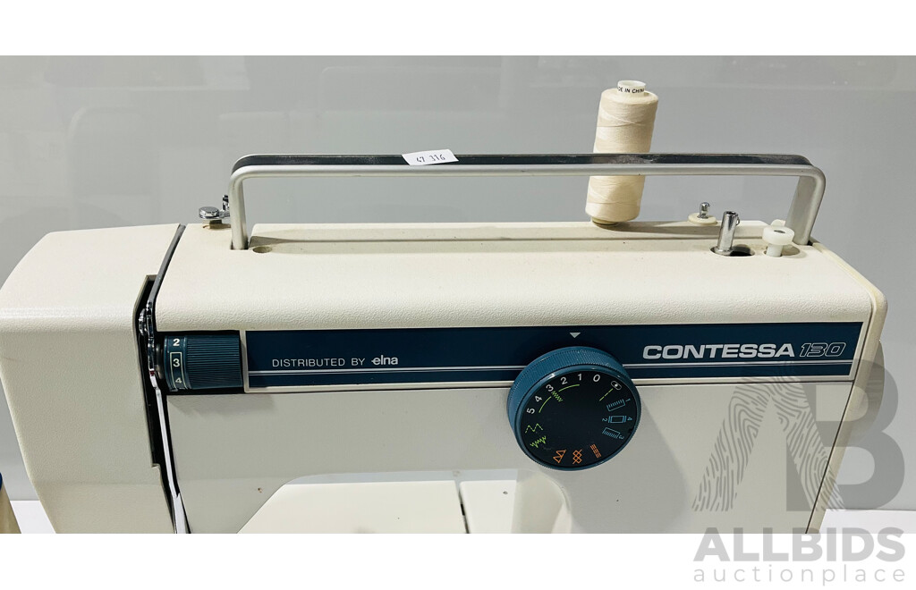 Vintage Contessa Distributed by Elna Sewing Machine with Cables, Foot Pedal and Instructions, Alongside Two Sewing Boxes Full of Cotton and Other Accessories