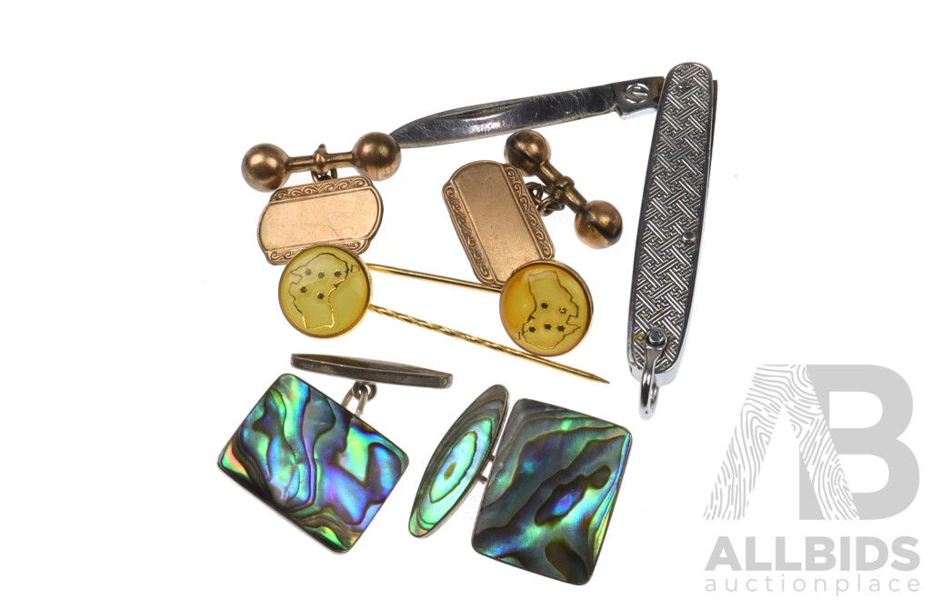 9ct Silver Lined Double Gold Vintage Cufflinks, Sterling Silver Pauua Shell Vintage Cufflinks and Pocket Knife Pendant