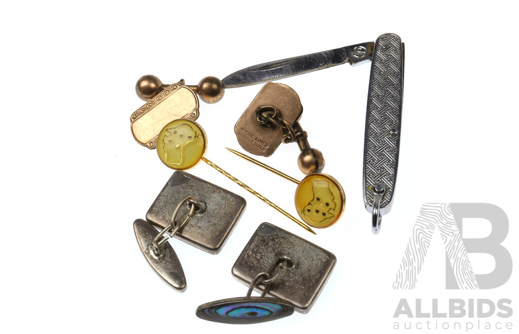 9ct Silver Lined Double Gold Vintage Cufflinks, Sterling Silver Pauua Shell Vintage Cufflinks and Pocket Knife Pendant