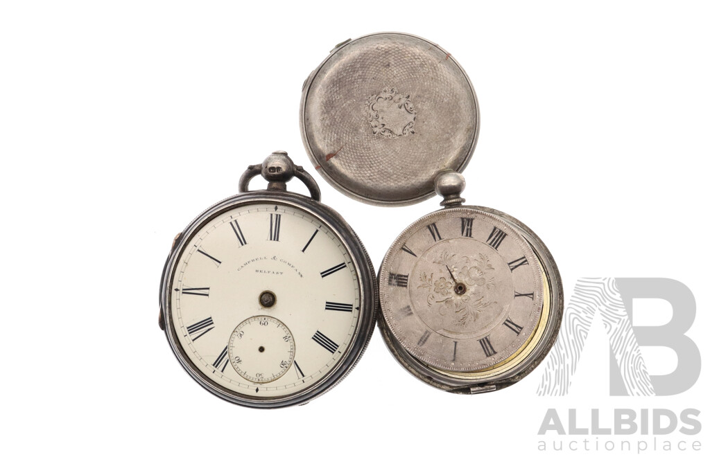 Antique Campbell & Co Belfast 1894 Sterling Silver 50mm Pocket Watch & 42mm Turn Key Pocket Watch - Both Good for Parts/Repair Only