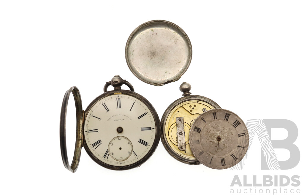 Antique Campbell & Co Belfast 1894 Sterling Silver 50mm Pocket Watch & 42mm Turn Key Pocket Watch - Both Good for Parts/Repair Only