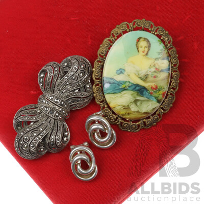 Vintage German Made Jewellery Including Sterling Silver Marcasite Bow Brooch, Portrait Brooch and SS Clip on Earrings