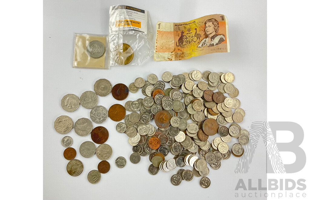 Collection of Australian Currency Including Commemorative Fifty Cent Coins, 1946 Florin, 1977 One Dollar Note, 1988 Five Dollar Coin and More