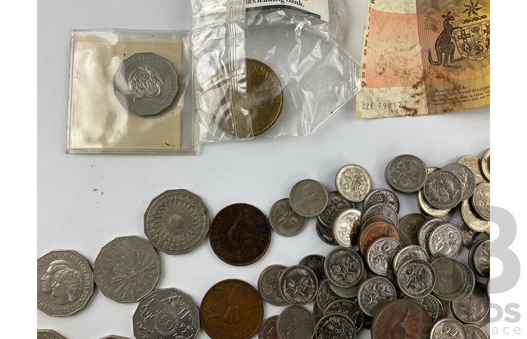 Collection of Australian Currency Including Commemorative Fifty Cent Coins, 1946 Florin, 1977 One Dollar Note, 1988 Five Dollar Coin and More