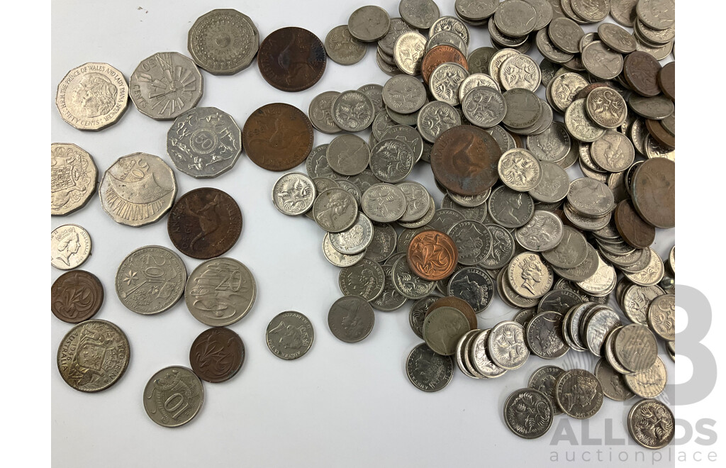 Collection of Australian Currency Including Commemorative Fifty Cent Coins, 1946 Florin, 1977 One Dollar Note, 1988 Five Dollar Coin and More