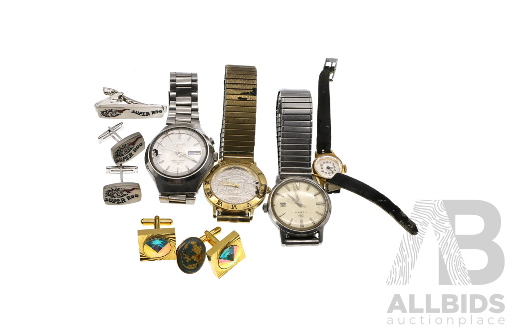 Collection of (4) Vintage Watches and Cuff Links Including Seiko, Moeris and 'Super Roo' Cufflinks/Tie Bar Set