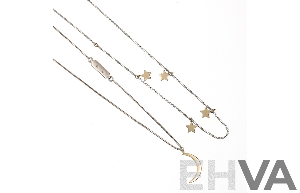 Mimco Sterling Silver (2) Necklaces with Moon & Stars, 45cm Each, 7.95 Grams