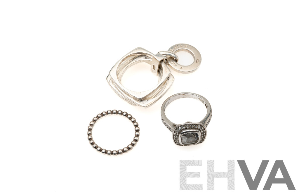 Sterling Silver 'Von Treskow' Ring, Size N & Sterling Silver CZ Travel Ring with Patterned Plain Band Ring, 17.75 Grams
