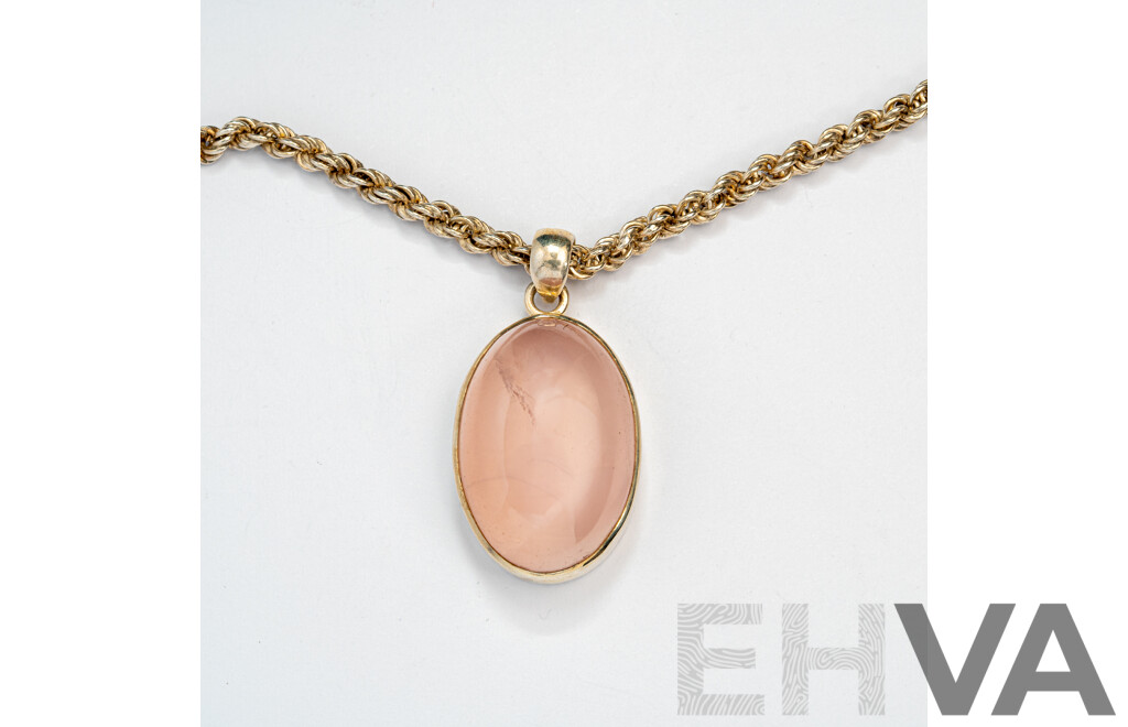 Sterling Silver Rose Quartz Pendant on Vintage Sterling Silver Rope Link Necklace, 38cm, 25.60 Grams